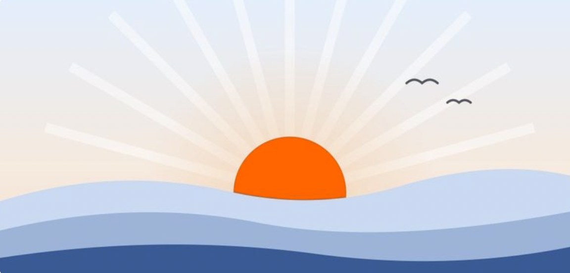 Illustration of the sun rising over ocean waves with two birds in the sky